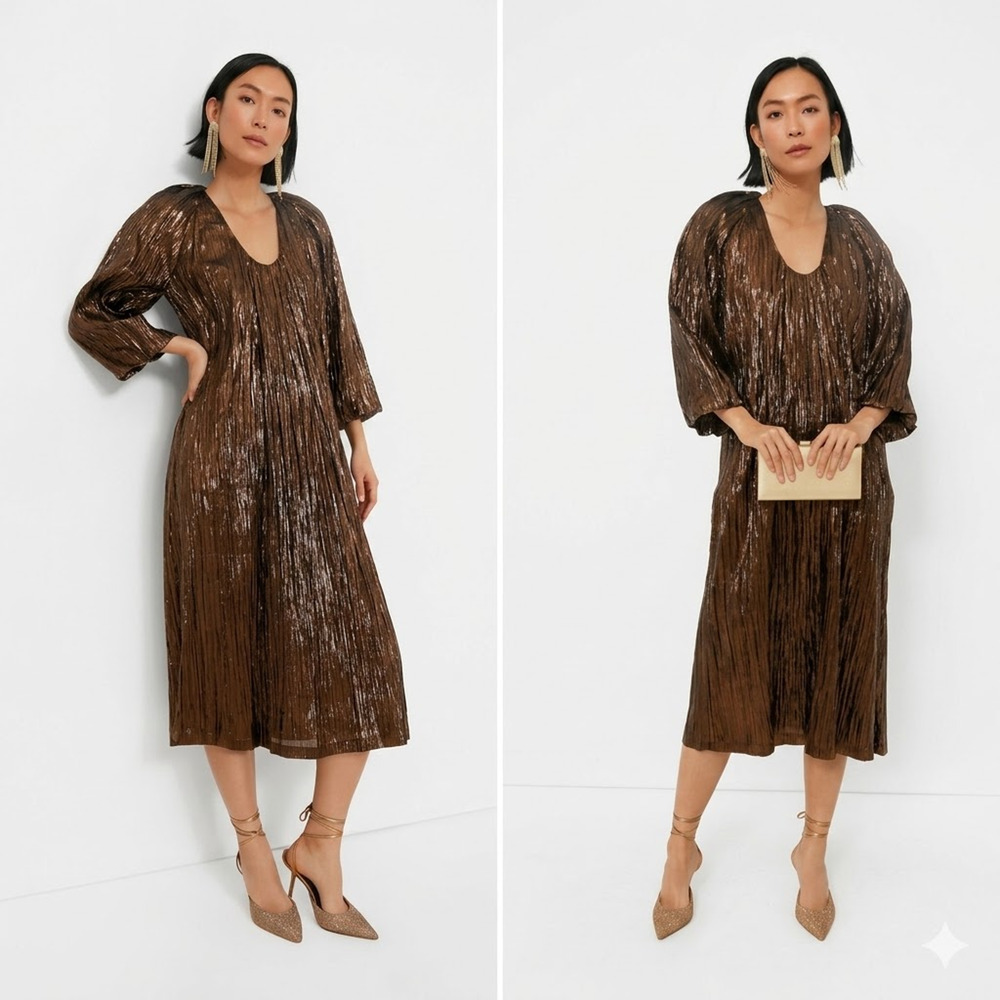 HYACINTH HOUSE Bronze Metallic Plisse Dorinda Midi Dress Size S NWT
